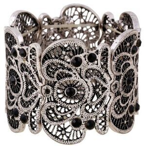 Vintage Silver Lace Filigree Crystal Cuff Bracelet